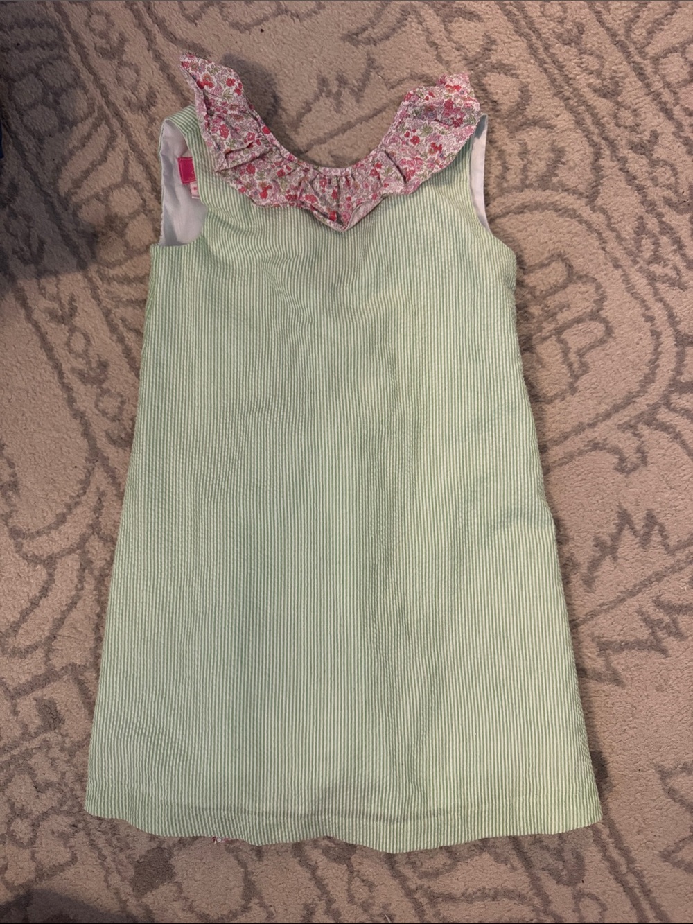 Green Seersucker Sundress with Floral Ruffle Neckline